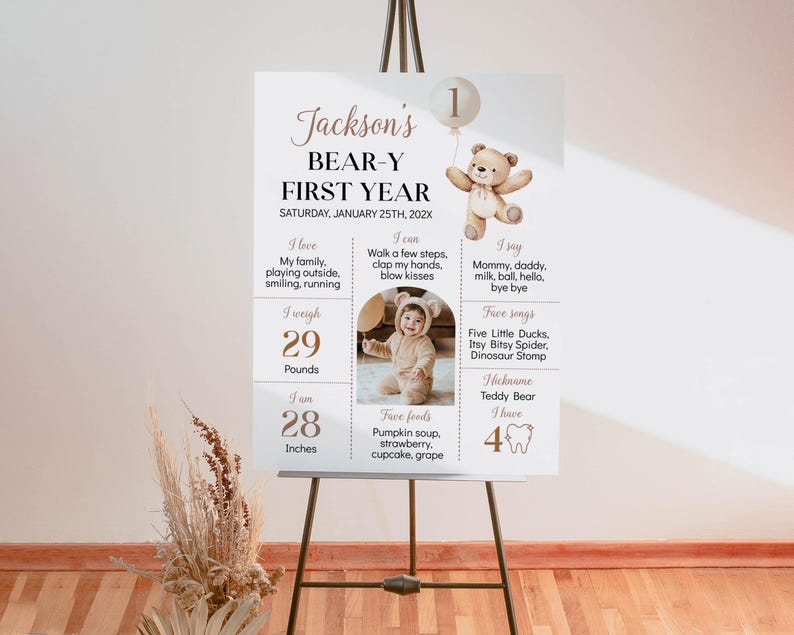 May include: A white poster with a brown teddy bear illustration and the text "Jackson's Bear-Y First Year" with the date "Saturday, January 25th, 202X". The poster also includes information about the child's weight, height, favorite foods, and activities.