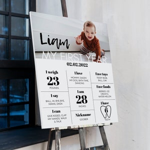 May include: A rectangular milestone board featuring a photograph of a child and the text Liam MY FIRST YEAR 02.02.2022. The board displays statistics including 23 pounds, 28 inches, 6 teeth, and lists of favourite foods, toys, and developmental milestones.