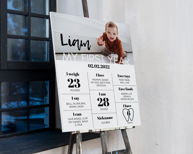 May include: A rectangular milestone board featuring a photograph of a child and the text Liam MY FIRST YEAR 02.02.2022. The board displays statistics including 23 pounds, 28 inches, 6 teeth, and lists of favourite foods, toys, and developmental milestones.