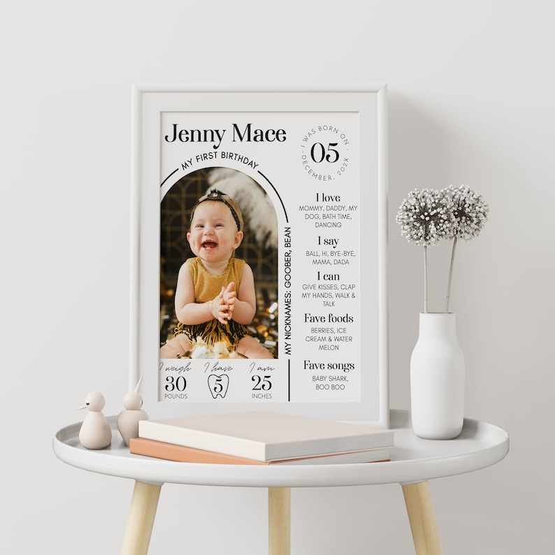 Puede incluir: Un p&oacute;ster enmarcado blanco con un dise&ntilde;o en blanco y negro que celebra un primer cumplea&ntilde;os. El p&oacute;ster presenta una foto de una ni&ntilde;a, su nombre "Jenny Mace", su fecha de nacimiento "5 de diciembre de 2021", y detalles sobre su primer a&ntilde;o, incluyendo su peso, altura, comidas favoritas y canciones.