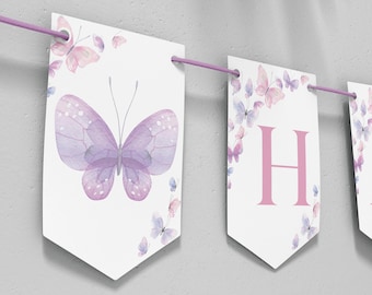 Editable Butterfly Happy Birthday Banner, Butterfly 1st Birthday Banner, Fairy Floral Garden Butterfly Party Decor, Printable Template. B011