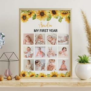 Może przedstawiać: Oprawiony kolaż zdjęć z dwunastoma zdjęciami dziecka, z napisem "Amelia MY FIRST YEAR". Rama jest ozdobiona akwarelowymi słonecznikami. Zdjęcia są ułożone w siatkę, prezentując pierwszy rok dziecka.