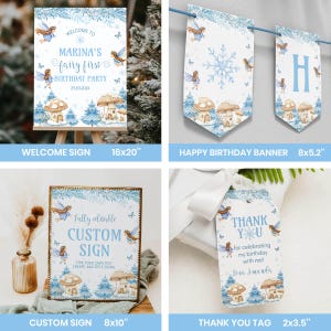May include: A set of party stationery featuring a winter fairy theme with blue accents, including a 16x20 inch welcome sign, a birthday banner, an 8x10 inch custom sign, and a 2x3.5 inch thank you tag, all decorated with illustrations of fairies, mushrooms, and pine trees.