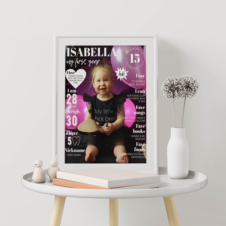 May include: A pink and black first birthday poster with a photo of a baby girl. The poster includes details about the baby's first year, such as her weight, favorite foods, and favorite books. The text on the poster reads "Isabella, my first year".