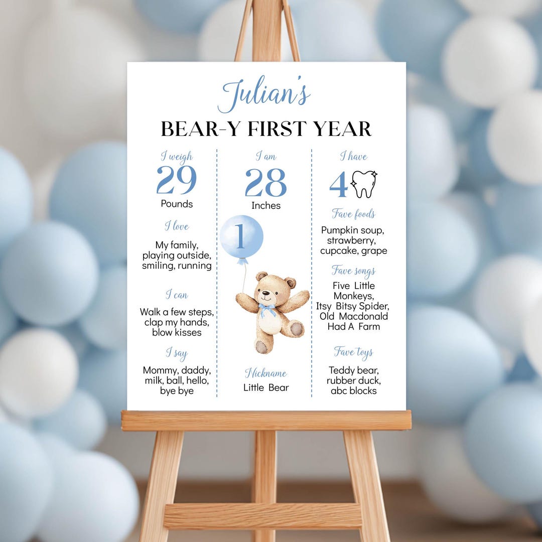 Beary First Birthday Milestone Poster, Teddy Bear Birthday Milestone ...