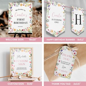 May include: A collection of birthday party stationery featuring a floral border design. Items include a 16x20 inch welcome sign, a banner with text reading Camelia IS TURNING ONE and H, an 8x10 inch custom sign, and a 2x3.5 inch thank you tag with twine.