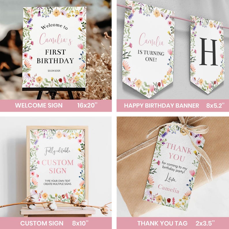 May include: A collection of birthday party stationery featuring a floral border design. Items include a 16x20 inch welcome sign, a banner with text reading Camelia IS TURNING ONE and H, an 8x10 inch custom sign, and a 2x3.5 inch thank you tag with twine.