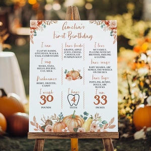 May include: A white rectangular birthday milestone sign featuring copper-colored text and watercolor pumpkin illustrations. The sign lists Amelia's first birthday details including weight of 30 pounds, 4 teeth, and height of 33 inches.