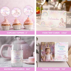 May include: A collection of unicorn-themed party supplies including three circular cupcake toppers, a rectangular food tent card, a water bottle label, and a thank you card, all featuring pastel rainbows, clouds, and unicorn illustrations.