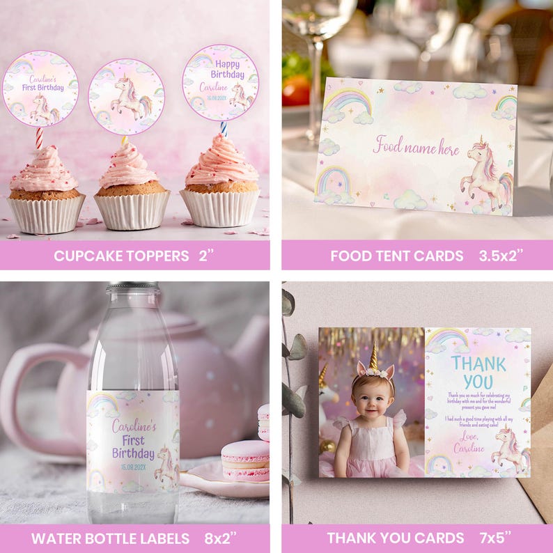 May include: A collection of unicorn-themed party supplies including three circular cupcake toppers, a rectangular food tent card, a water bottle label, and a thank you card, all featuring pastel rainbows, clouds, and unicorn illustrations.