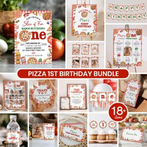 Editable Pizza Birthday Invitation Bundle, Classic Pizza 1st Birthday Party Decor Kit, Pizza Party 1st Birthday Package, Printable. P016