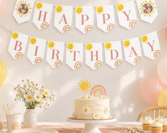 First Trip Around The Sun Birthday Banner, Sunshine Rainbow Photo Banner, Boho Rainbow 1st Birthday Decor, Printable Template. R004