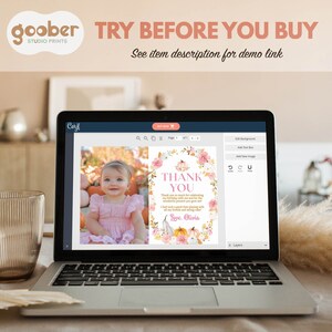 May include: A laptop screen displaying a digital thank you card template featuring a photo of a child in a pink dress next to a floral and pumpkin border with the text Thank You and Love, Olivia. The interface includes editing tools.