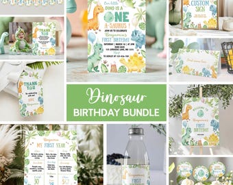 Editable Dinosaur Birthday Invitation Bundle for Boys, Oneasaurus First Birthday Party Decorations, Printable 1st Birthday Set Template D016
