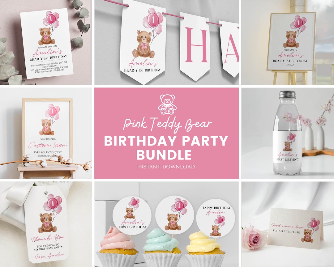 Editable Beary First Birthday Invitation Girl Bundle, Teddy Bear Party ...