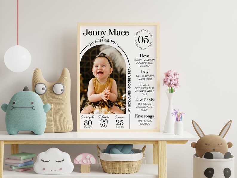 Puede incluir: Un p&oacute;ster personalizado para el primer cumplea&ntilde;os con una foto de una ni&ntilde;a, que incluye su nombre, fecha de nacimiento, peso, altura y cosas favoritas. El p&oacute;ster tiene un fondo de madera clara y un arco blanco con texto negro.