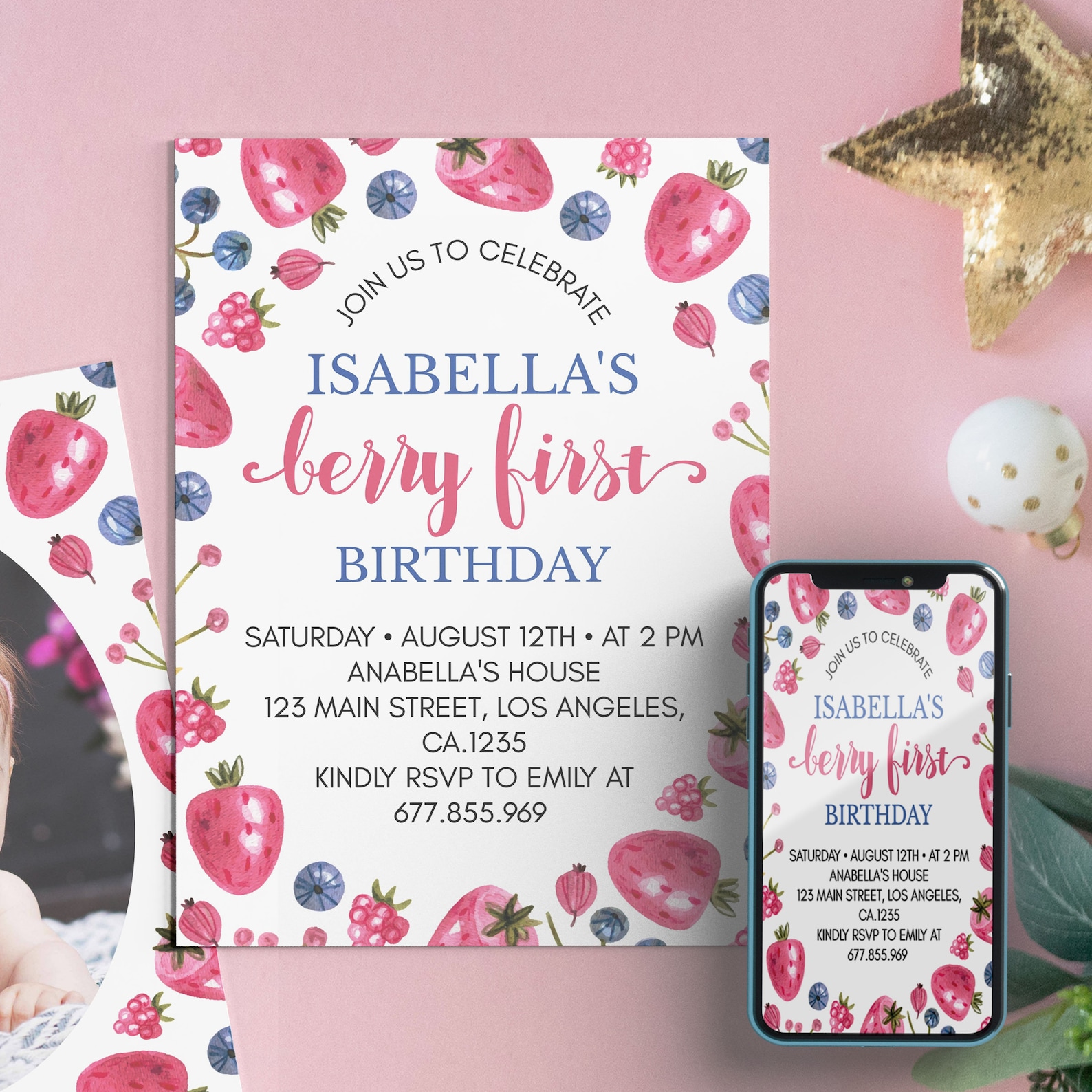 Editable Berry First Birthday Invitation Strawberry & Etsy