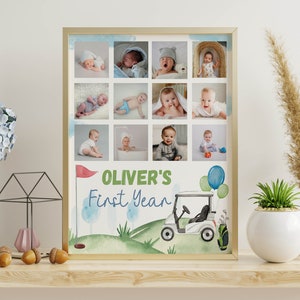 Editable Golf First Year Photo Collage, Hole In One First Birthday Milestone Poster, Par-tee Golf Birthday Board, Instant Download. G001 image 3
