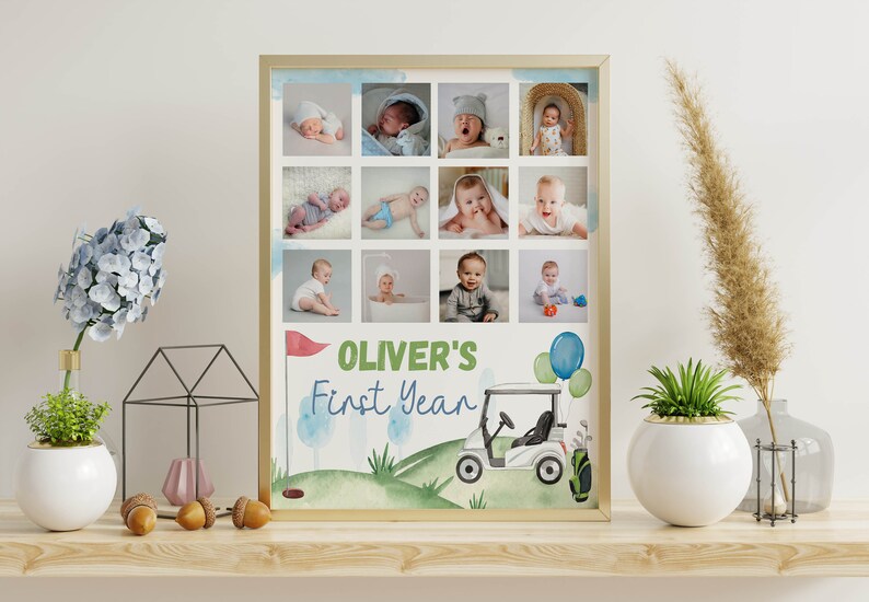 Editable Golf First Year Photo Collage, Hole In One First Birthday Milestone Poster, Par-tee Golf Birthday Board, Instant Download. G001 image 3