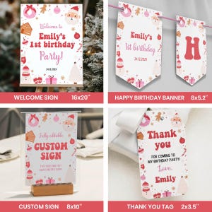 May include: A collection of Christmas-themed party stationery including a 40.6x50.8 cm welcome sign, a 20.3x13.2 cm birthday banner, a 20.3x25.4 cm custom sign, and a 5.1x8.9 cm thank you tag, all featuring Santa, gingerbread, and gift motifs.
