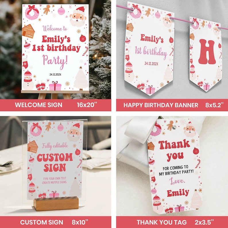 May include: A collection of Christmas-themed party stationery including a 40.6x50.8 cm welcome sign, a 20.3x13.2 cm birthday banner, a 20.3x25.4 cm custom sign, and a 5.1x8.9 cm thank you tag, all featuring Santa, gingerbread, and gift motifs.