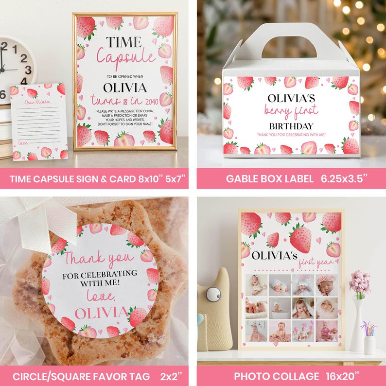 May include: A collection of party stationery featuring strawberry illustrations, including a Time Capsule sign and card, a white gable box label, a round favor tag on a cookie, and a photo collage poster, all personalized for Olivia's first birthday.