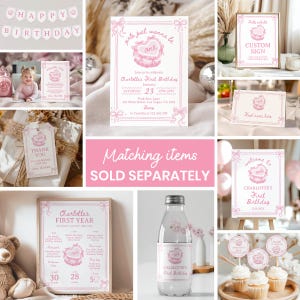 May include: A set of pink and white printable party decorations for a first birthday. The set includes a banner, invitation, thank you tag, water bottle label, cupcake toppers, and a welcome sign. The decorations feature a pink bow and the text "girls just wanna be one".