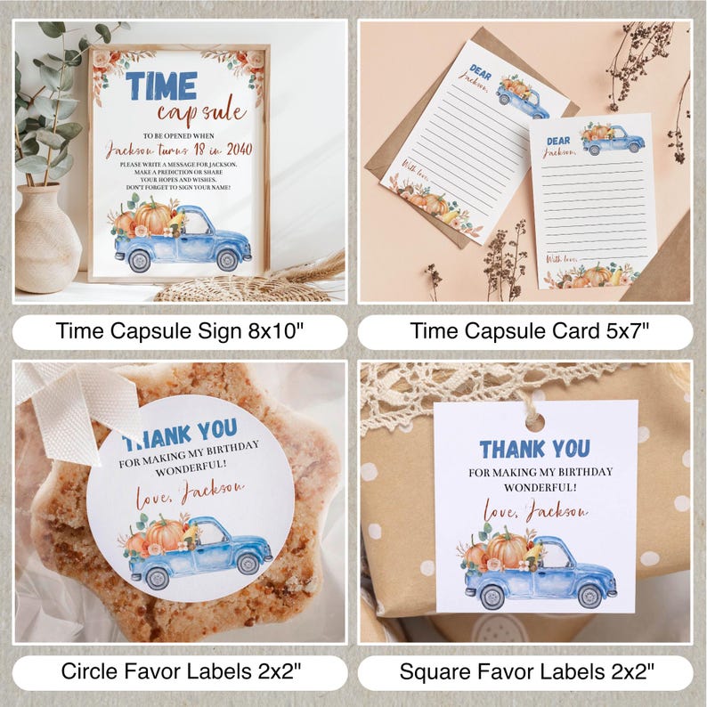 May include: A collection of birthday party stationery featuring a blue truck and pumpkin illustration. Includes an 8x10 inch time capsule sign, 5x7 inch lined cards, and 2x2 inch round and square favor labels with the text Thank You For Making My Birthday Wonderful.