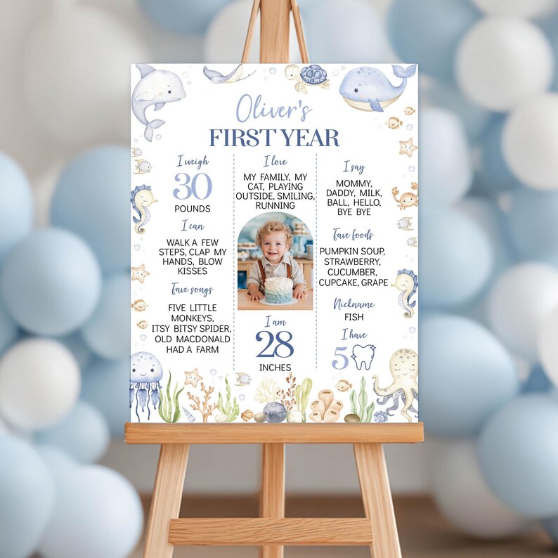 EDITABLE Under The Sea 1st Birthday Milestone Photo Board, Oneder The Sea Milestone Poster, Ocean Party Milestone Sign, Printable