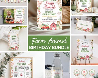 Pacchetto di compleanno a tema animali della fattoria modificabile / Invito per il primo compleanno e decorazioni per la festa a tema fattoria / Modelli stampabili / Download immediato. A011
