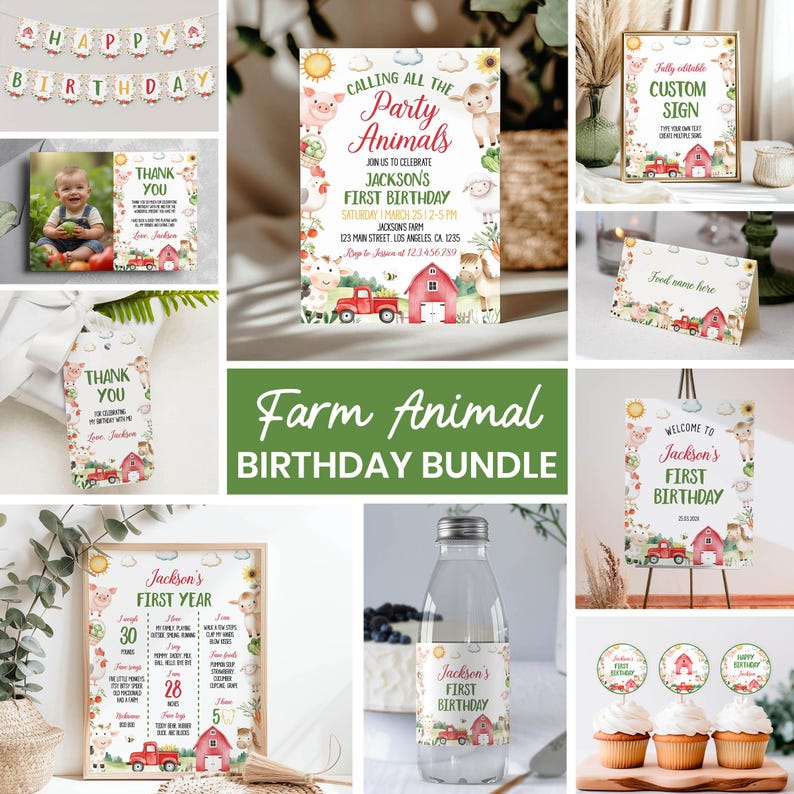 Editable Farm Birthday Invitation Bundle, Barnyard Birthday Kit, Farm Party Package, Any Age Birthday Bundle, Printable Templates