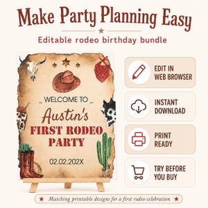 May include: An editable rodeo birthday party sign on a wooden easel featuring a cow skull, cowboy hat, red bandana, cactus, and boots. Text reads: Make Party Planning Easy, Editable rodeo birthday bundle, Welcome to Austin's First Rodeo Party.