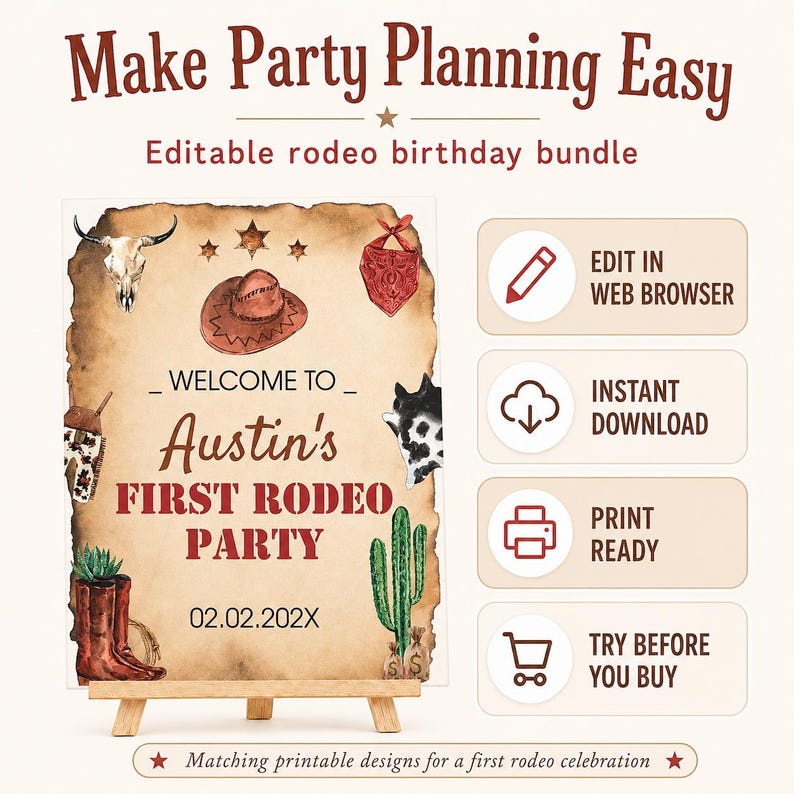 May include: An editable rodeo birthday party sign on a wooden easel featuring a cow skull, cowboy hat, red bandana, cactus, and boots. Text reads: Make Party Planning Easy, Editable rodeo birthday bundle, Welcome to Austin's First Rodeo Party.