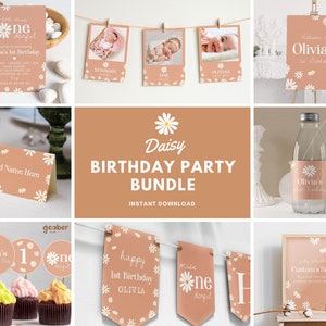 Editable Daisy 1st Birthday Invitation Bundle, Little Miss Onederful Birthday Kit, Boho Daisy Birthday Party Package, Instant Download. D003