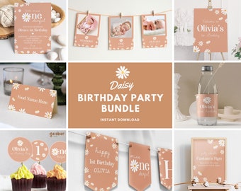 Editable Daisy 1st Birthday Invitation Bundle, Little Miss Onederful Birthday Kit, Boho Daisy Birthday Party Package, Instant Download. D003