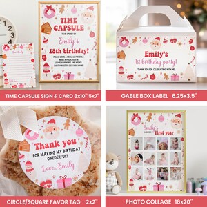 May include: A collection of party stationery featuring a Christmas-themed design with Santa, gingerbread, and gifts. Includes a Time Capsule sign and card, a gable box label, a circular favour tag, and a photo collage poster with gold frames.