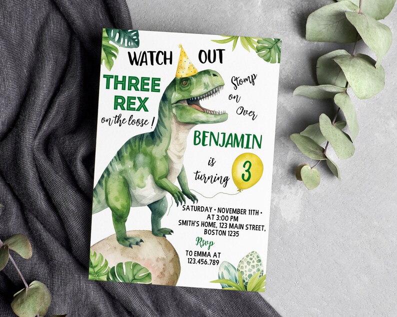 EDITABLE Three Rex Invitation, Dinosaur Birthday Invitation, 3 Rex Birthday Invitation, Three Rex Birthday Invitation, Instant Download D002 image 4