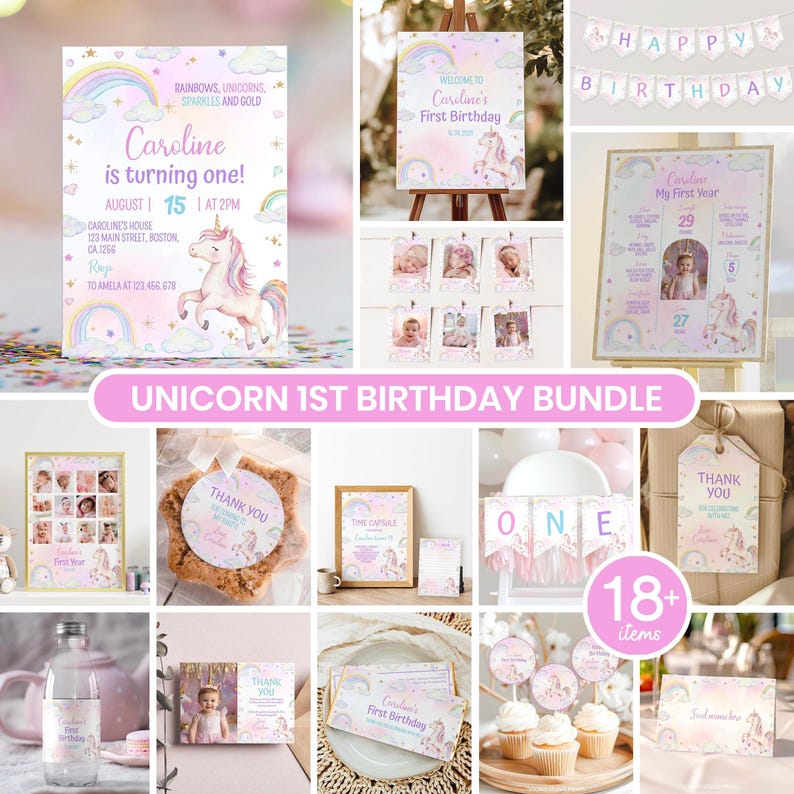 May include: A unicorn-themed first birthday party bundle featuring pastel-colored invitations, milestone posters, photo banners, cupcake toppers, thank you tags, and signage. The designs include rainbows, clouds, stars, and a unicorn illustration.