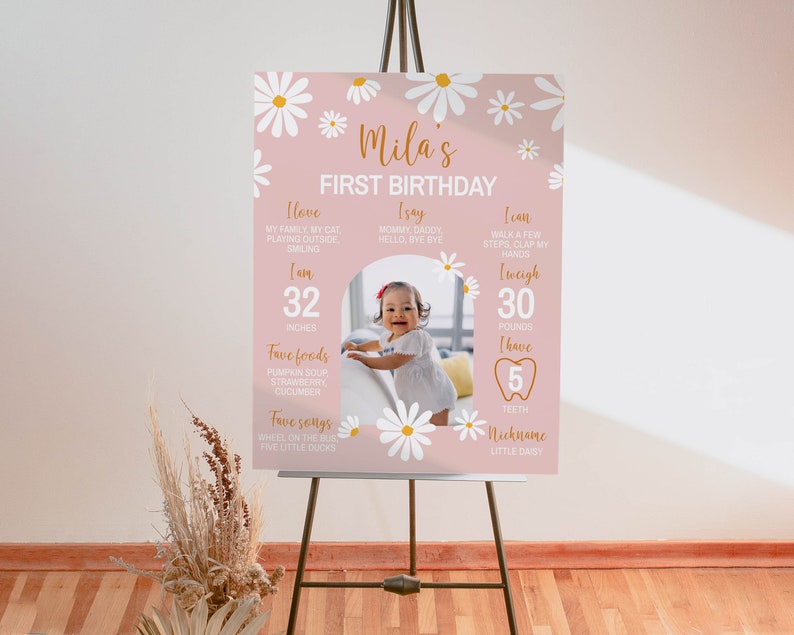 EDITIERBARE Daisy Erster Geburtstag Meilenstein Schild, Boho Ein Jahr Meilenstein Tafel, Daisy Geburtstagsparty Meilenstein Schild, druckbare Vorlage. #D003 Bild 1