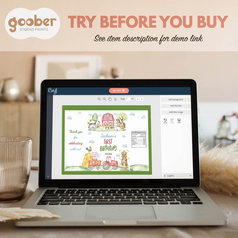 May include: A laptop screen displaying a digital design template for a first birthday party. The graphic features watercolor farm animals, a red barn, a tractor, and text that reads Jackson's First Birthday, Thank you for celebrating with me.