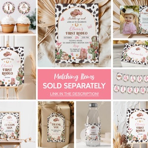 K&ouml;nnte beinhalten: Eine Sammlung von Party-Papeterie im Rodeo-Thema mit Kuhfell-Musterr&auml;ndern, Aquarell-Illustrationen von Cowboyh&uuml;ten, Stiefeln, Kakteen und Hufeisen. Enth&auml;lt Einladungen, Cupcake-Topper, Dankeskarten, Banner und Schilder mit rosa Text.