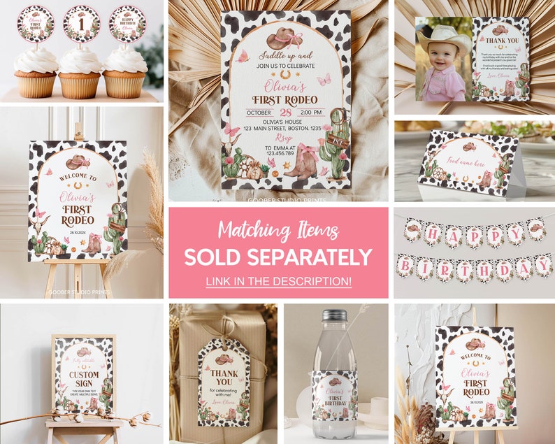 K&ouml;nnte beinhalten: Eine Sammlung von Party-Papeterie im Rodeo-Thema mit Kuhfell-Musterr&auml;ndern, Aquarell-Illustrationen von Cowboyh&uuml;ten, Stiefeln, Kakteen und Hufeisen. Enth&auml;lt Einladungen, Cupcake-Topper, Dankeskarten, Banner und Schilder mit rosa Text.