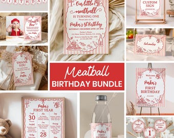 Unser kleines Fleischbällchen-Geburtstags-Bundle | Italienisches Printable 1. Geburtstag Party Kit | Spaghetti Party Dekor | Bearbeitbar Sofortiger Download | M014