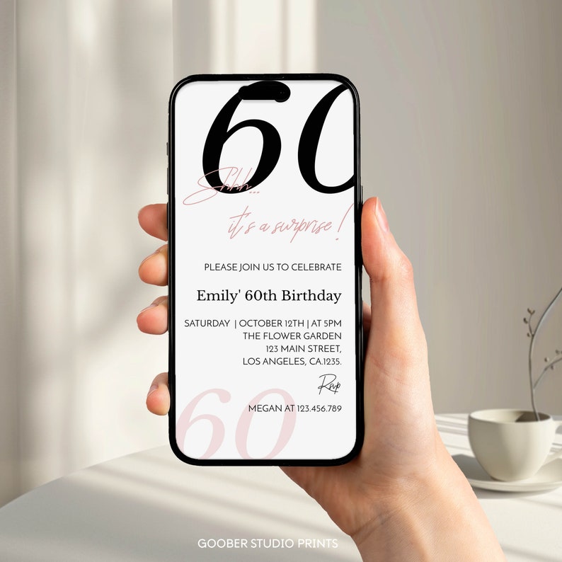 Shhh It's A Surprise Invitation, 60th Birthday Invitation For Women, Adult Birthday Invite, Surprise Birthday Invite, Digital Invite. M004