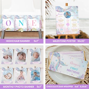 May include: A set of mermaid-themed party decorations for a first birthday. The set includes a highchair banner, a milestone poster, a monthly photo banner, and a chocolate bar wrapper. The decorations are in shades of pink, purple, and blue, with a mermaid tail design and seashells.