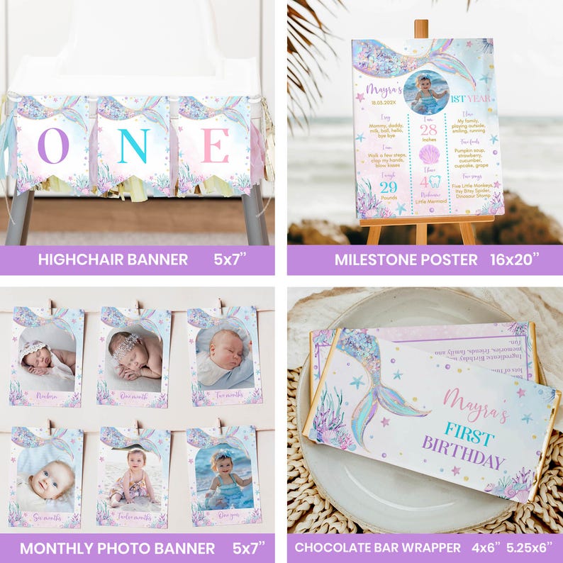 May include: A set of mermaid-themed party decorations for a first birthday. The set includes a highchair banner, a milestone poster, a monthly photo banner, and a chocolate bar wrapper. The decorations are in shades of pink, purple, and blue, with a mermaid tail design and seashells.