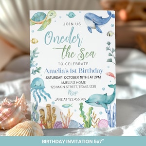 May include: A blue and green watercolor invitation for a first birthday party with the text "Oneder the Sea" and a whale, turtle, and jellyfish. The invitation includes the date, time, and location of the party. It also includes the text "RSVP" and a phone number.