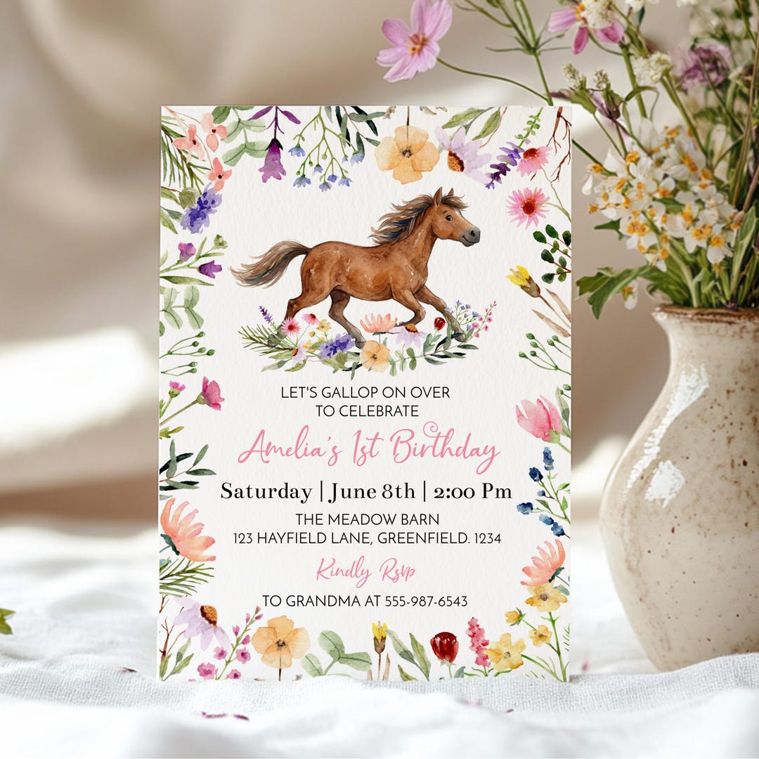 Horse Birthday Invitation Template, Wildflowers Girl 1st Birthday ...