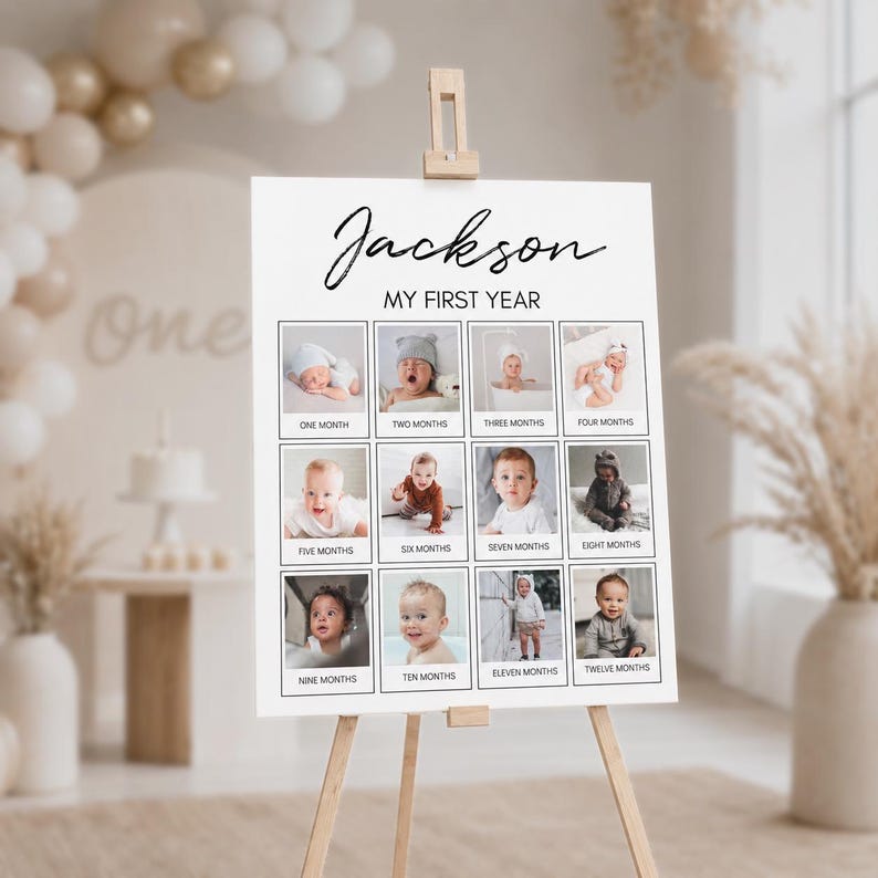 Bewerkbare fotocollage eerste jaar, 12 maanden fotoprint, moderne fotolijst eerste verjaardag, poster baby eerste jaar, afdrukbare sjabloon M004 afbeelding 1