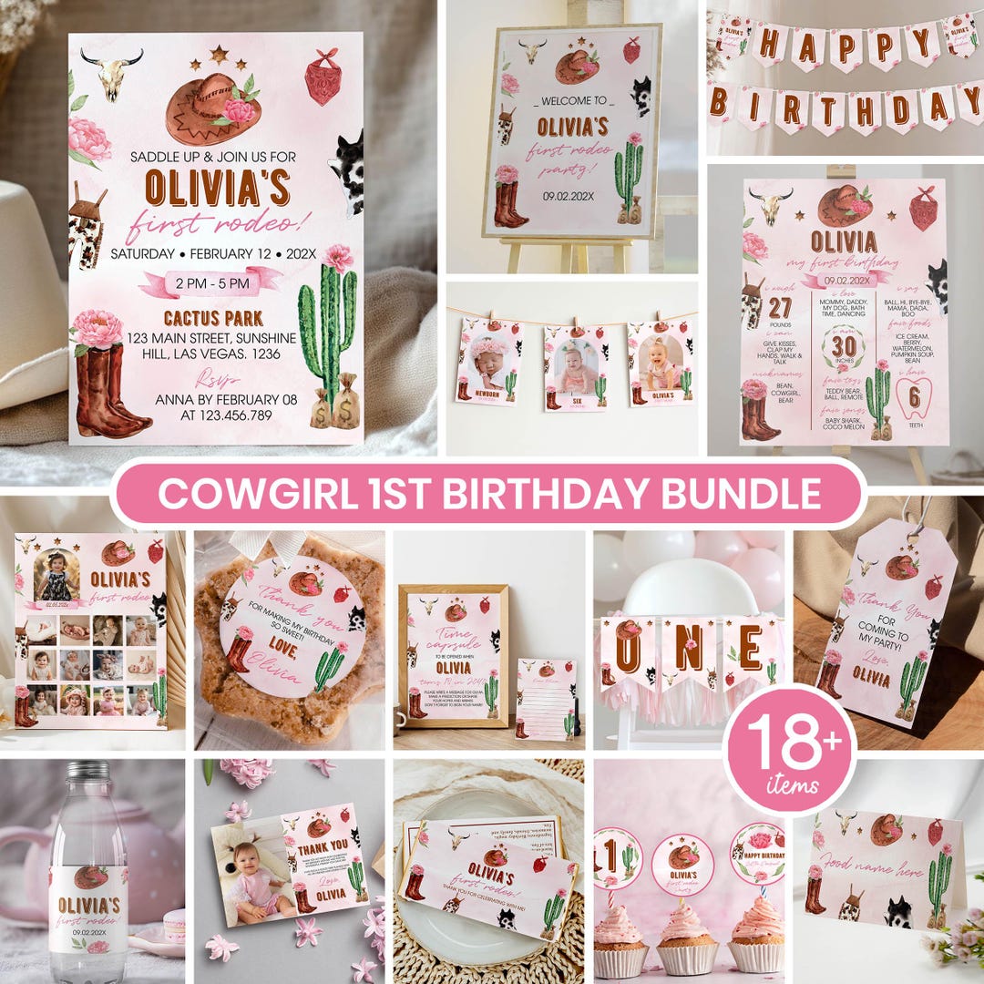 Pink Cowgirl First Rodeo Birthday Bundle | Editable Western 1st ...